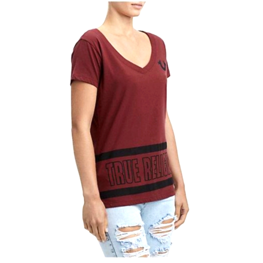 TRUE RELIGION WOMEN'S STRIPE BIG BUDDHA TEE BURGUNDY V Neck